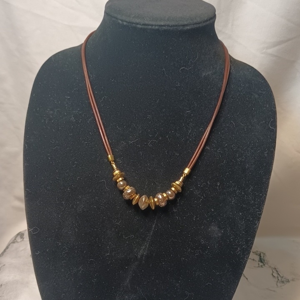 Brown leather brass and sterling silver Beaded Necklace